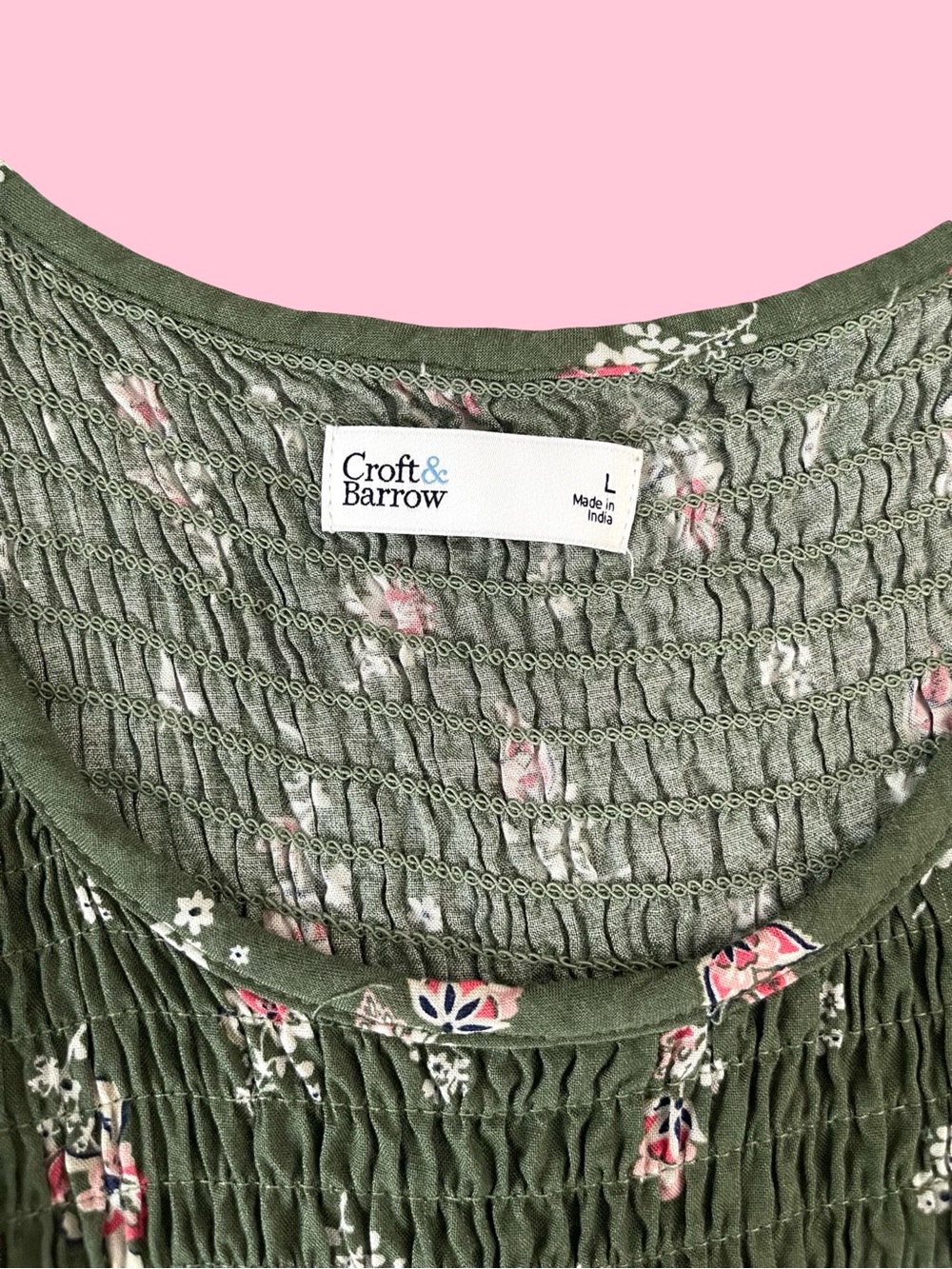 Croft & Barrow Sleeveless Midi Dress Smocked Bodice Green Floral Pockets SzL - Picture 2 of 8